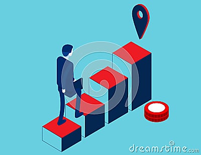 Business person in going upstairs by column chart with goal. Career growth isometric Vector Illustration