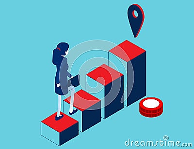 Business person in going upstairs by column chart with goal. Career growth isometric Vector Illustration