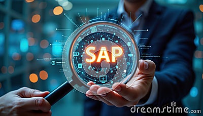 Business person holds digital magnifier focused on software applications. Modern tech concept. Business solution. Data processing Stock Photo