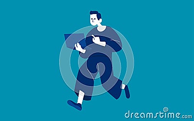 Business person hurrying with laptop computer in hands.Freelancer late with work Vector Illustration