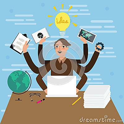 Business person male man multitasking hand holding paper work jobs vector illustration flat stressed busy Vector Illustration