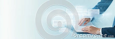 Business person manages online docs on tablet. Digital files, information displayed virtually around tablet. Efficient work Stock Photo