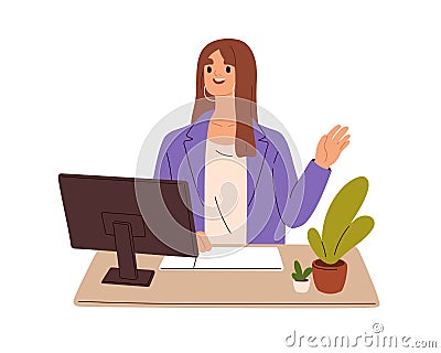 Business person during online video call. Happy woman employee sitting at office work desk, greeting via internet Vector Illustration