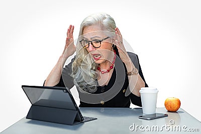 Business person panicked and having an anxiety attack, stressed at work on computer for possible taxes deadline or identity theft Stock Photo