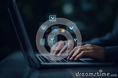 Business person performs quality assurance checks on laptop. Modern tech used for product review. QC, QA processes tracked, Stock Photo