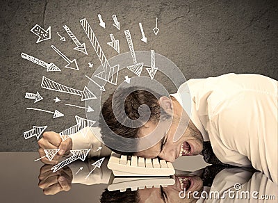 business person resting his head on keyboard with pressure illustrated by arrows pointing at him concept Stock Photo