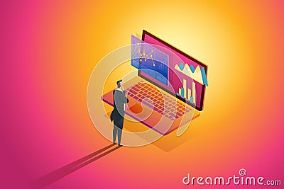 Business person standing looks analysis data and Investment Infographic financial review on laptop. illustration Vector Vector Illustration