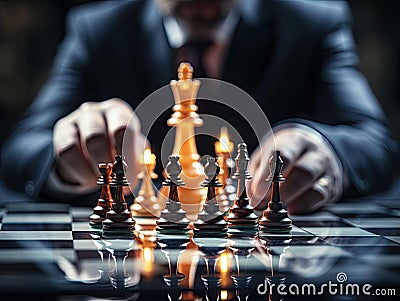 Business person strategizing with chess pieces Stock Photo