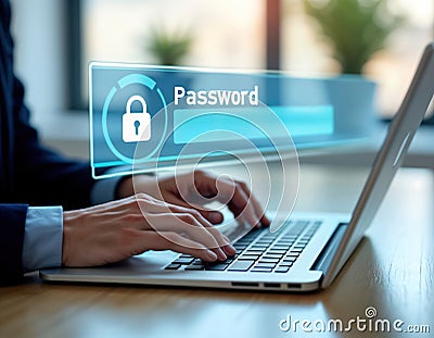 Business person types password on laptop in office. Security code appears on screen. Tech person using computer in work Stock Photo