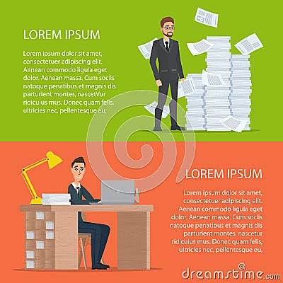 Business person working on computer. Business documents and a pi Vector Illustration