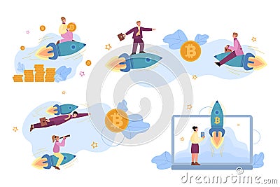 Business persons fly on fast rockets achievement of target and looking in future Vector Illustration