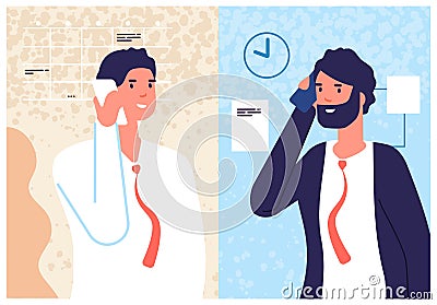 Business phone conversation. Men speaking, call center and managers. Info calling, mobile consultation for customer Vector Illustration