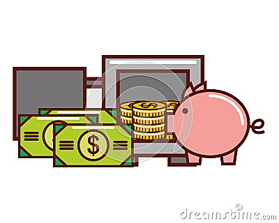 Business piggy bank money coins banknote safe box Vector Illustration