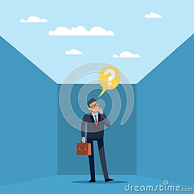 Business pitfall. Difficult task. Confused businessman in suit thinking about trouble, question mark, solving problems Vector Illustration