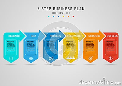 Business plan simple 6 step infographic template to success. multicolored squares Vector Illustration