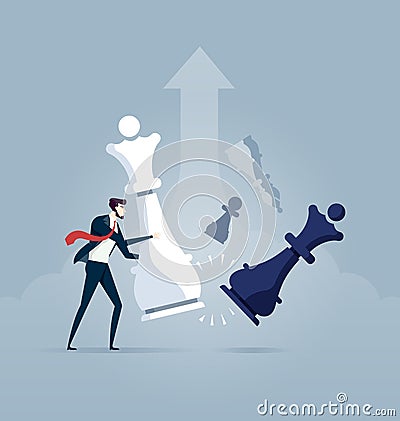 Business plan and strategy concept - Businessman moving giant chess piece against another chess piece Vector Illustration