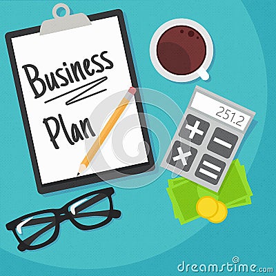 Business planning banner. Workplace with documents, money, glasses, calculator Vector Illustration