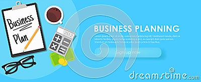 Business planning banner. Workplace with documents, money, glasses, calculator Vector Illustration