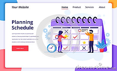 Business planning concept, People filling out the schedule on a giant calendar, work in progress. Modern flat web page design for Vector Illustration