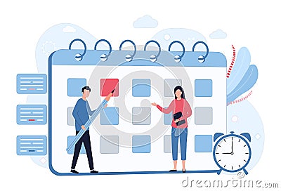 Business Planning Concept. Scheduling, time management, setting priority tasks. A man with a pencil makes notes on the calendar, a Vector Illustration