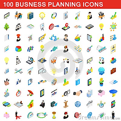 100 business planning icons set, isometric style Vector Illustration