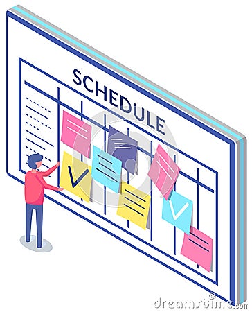 Business planning and scheduling concept. Employee sticks papers with to-do plans for week Vector Illustration