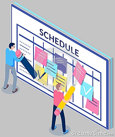 Business planning and scheduling concept. Group of employee stick papers with schedule for week Cartoon Illustration