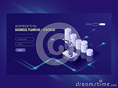 Business planning, statistic, illustration with two businessman, team leader and common efforts, e commerce success Vector Illustration
