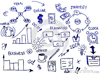 Business Planning Strategy Hand drawn Doodles Design on white background Stock Photo