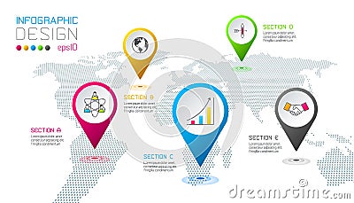 Business pointing labels shape infographic around the world map. Vector Illustration