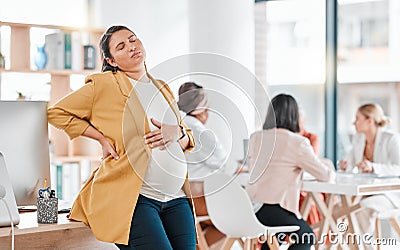 Business, pregnant and woman with pain, office and manager with contractions, muscle tension and strain. Pregnancy Stock Photo