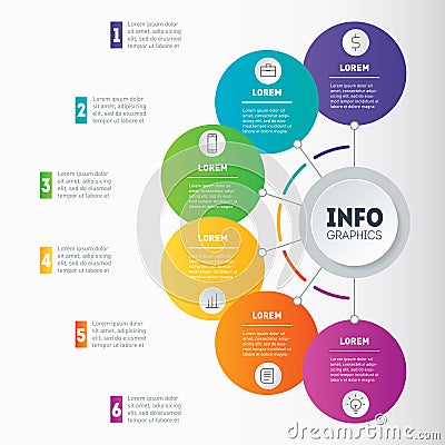 Business presentation or infographic examples with 6 options. Vector dynamic infographics or mind map of technology or education Vector Illustration