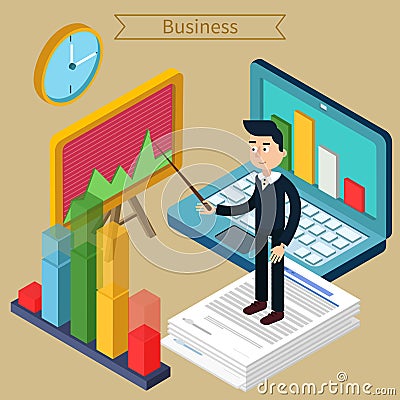 Business Presentation Isometric Concept with Businessman, Laptop Vector Illustration