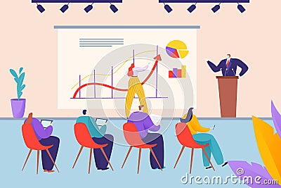 Business presentation at meeting, vector illustration. Corporate conference with people man woman group character Vector Illustration
