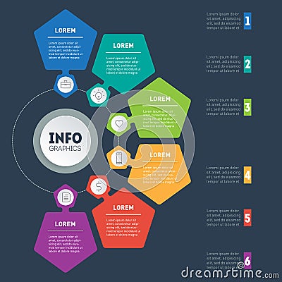 Business presentation with 6 options. Vector dynamic infographics of technology or education process. Part of the report. Web Vector Illustration