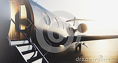 Business private jet airplane parked at terminal. Luxury tourism and business travel transportation concept. Closeup. 3d Stock Photo