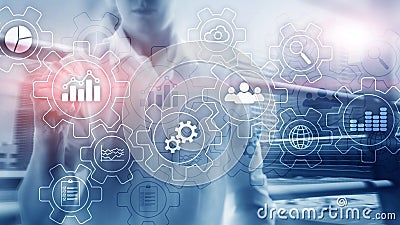 Business process abstract diagram with gears and icons. Workflow and automation technology concept Stock Photo