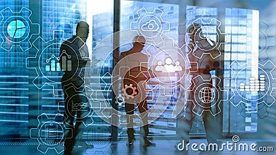 Business process abstract diagram with gears and icons. Workflow and automation technology concept Stock Photo