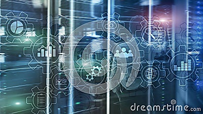 Business process abstract diagram with gears and icons. Workflow and automation technology concept Stock Photo