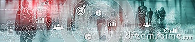 Business process abstract diagram with gears and icons. Workflow and automation technology concept. Website header banner Stock Photo