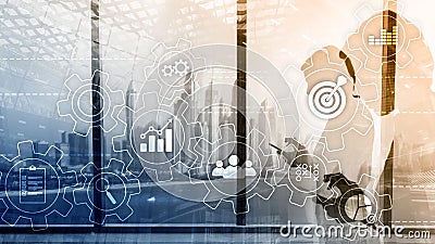 Business process automation concept. Gears and icons on abstract background Stock Photo