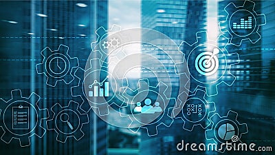 Business process automation concept. Gears and icons on abstract background Stock Photo