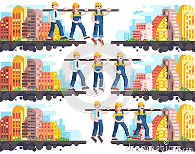 Business process building and mutual assistance, teambuilding management or teamwork, three workers working, strategy of Vector Illustration