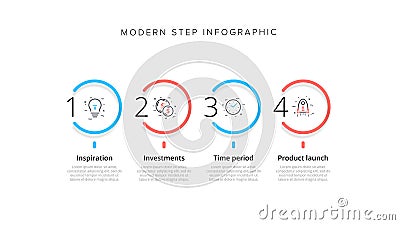 Business process chart infographic with 4 step circles. Circular corporate workflow graphic elements. Company flowchart Vector Illustration