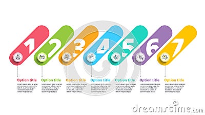 Business process chart infographics with 7 step circles. Circular corporate workflow graphic elements. Company flowchart Vector Illustration