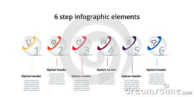 Business process chart infographics with 6 step circles. Circular corporate workflow graphic elements. Company flowchart Vector Illustration