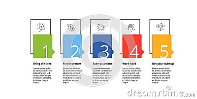 Business process chart infographics with 5 step circles. Circular corporate workflow graphic elements. Company flowchart Vector Illustration