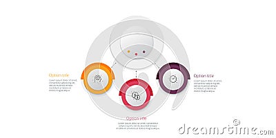 Business process chart infographics with 3 step circles. Circular corporate workflow graphic elements. Company flowchart Vector Illustration