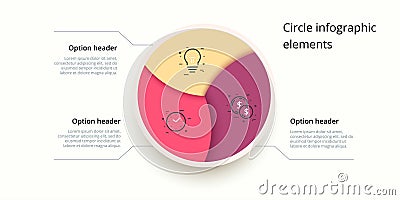 Business process chart infographics with 3 step circles. Circular corporate workflow graphic elements. Company flowchart Vector Illustration