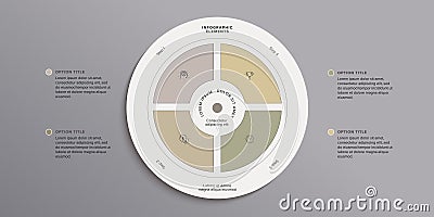 Business process chart infographics with 4 step circles. Round workflow graphic elements. Company flowchart presentation slide. Vector Illustration